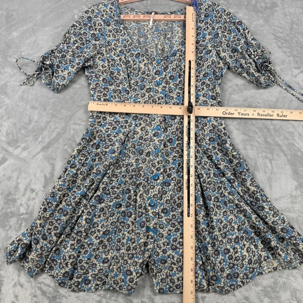 Free People Dress Women M Blue Floral Flower Power Mini Fit & Flare Boho Lace Up - Picture 3 of 11